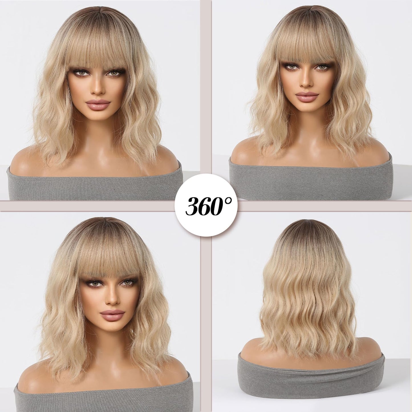 Allbell Blonde Wigs for Women,Short Wavy Bob Wig with Bangs,Synthetic Wigs,Ombre Blonde Wigs,Bob Wig with Dark roots,Heat Resistant Fiber Hair Wigs for Daily Cosplay