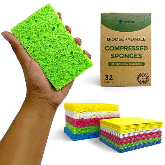Biodegradable Cellulose Compressed Sponges - Pack of 16 Compostable Kitchen Pop Up Bulk - Non Scratch Multicolor Natural Dish Sponges - Heavy Duty Multipurpose Eco Friendly