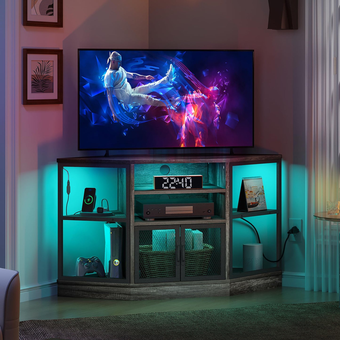 DWVO Corner TV Stands, Corner Entertainment Center, TV Cabinet with Power Outlet, LED Light Strip and Adujustable Shelf, Space Saver Hexagon Small TV Consoles for Living Room, Dark Grey