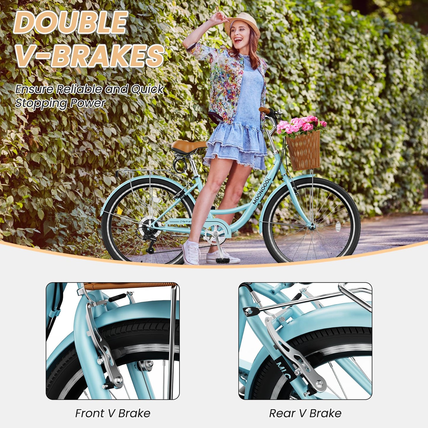 MOONCOOL Womens Bike 7 Speed, 24 26 inch Beach Cruiser Bikes for Women, Step Through Adult Bicycle with Front Basket for City Commuting