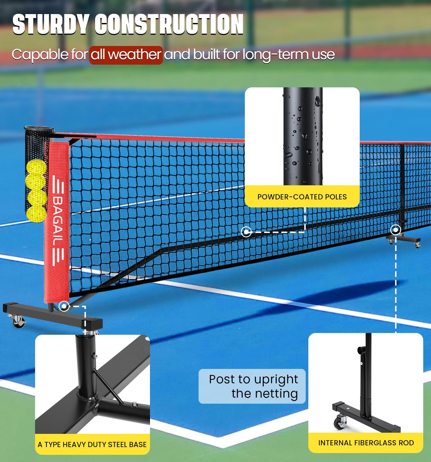 BAGAIL Portable Pickleball Net Set with Wheels, 22 FT Regulation Size & 11 FT Half Court Size 2-in-1 Pickle Ball Net with Ball Collector, Carry Bag, Easy Setup for Outdoor Indoor Driveway - Red