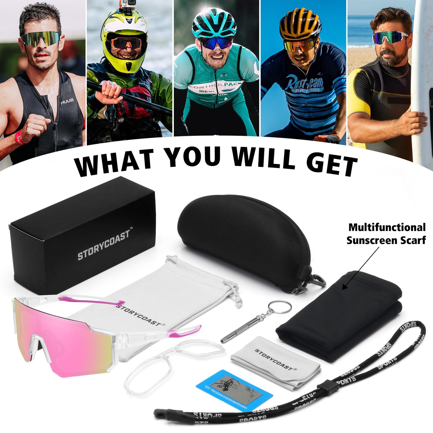 STORYCOAST Polarized Sports Sunglasses for Men Women,Driving Fishing Cycling Mountain Bike Sunglasses UV400 Protection Clear Frame-Pink Mirror Lens