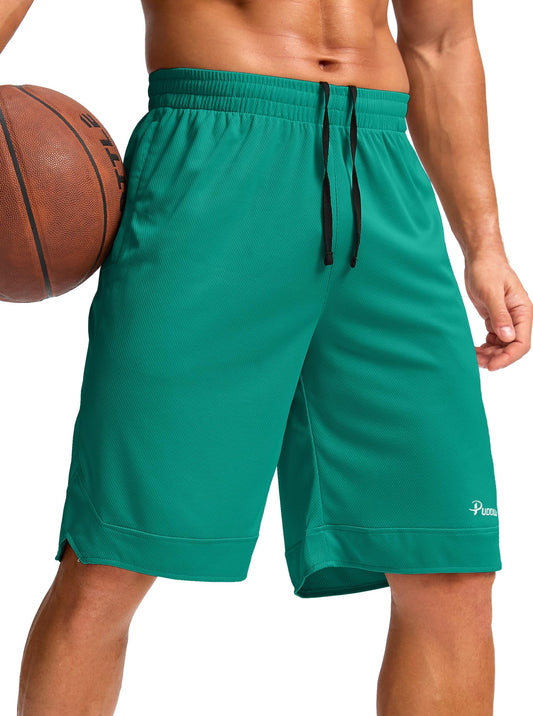 Pudolla Men's Basketball Shorts with Zipper Pockets 11" Long Gym Athletic Shorts for Men Lightweight Quick Dry(green x-large)