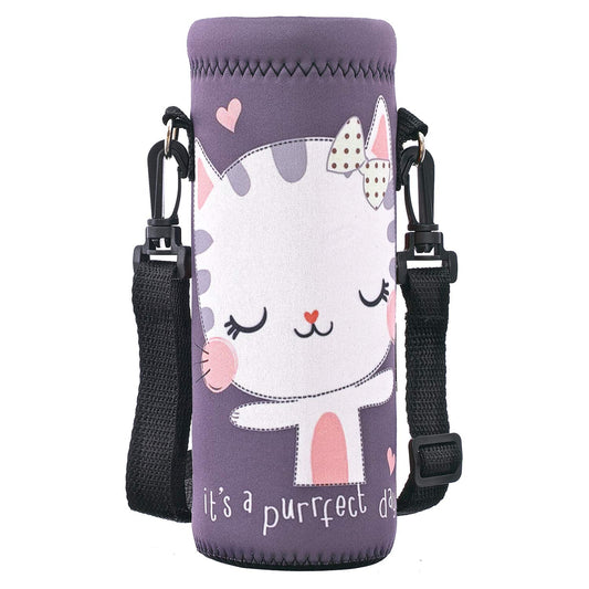 RICHEN Neoprene Water Bottle Carrier Bag with Adjustable Shoulder Strap,Insulated Water Bottle Cover for 500ml/16oz Stainless Steel/Glass/Plastic Bottles (Cute Cat,500ML)