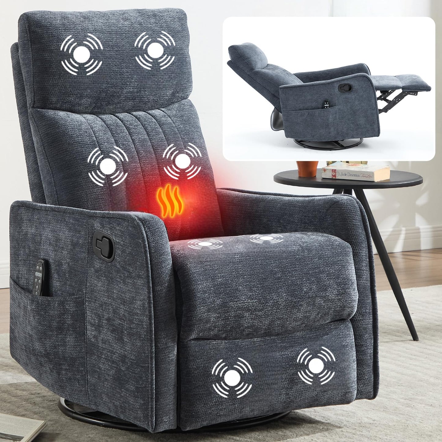 Massage Recliner Chair with Heat, Slim Recliners for for Adults, Swivel Rocking Chair Recliner with High Back, Small Recliner Chair for Small Spaces Living Room, Adjustable Footrest (Blue 2)