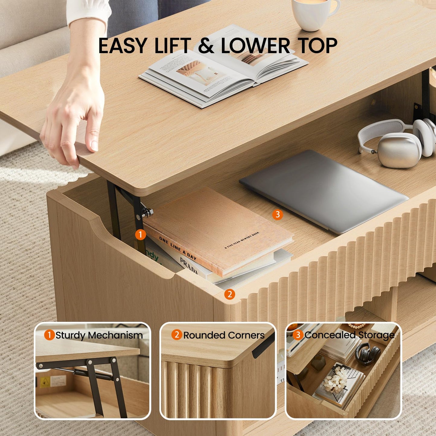 Amada Coffee Table Fluted Lift Top, 35.2" Wood Table with Storage Shelf & Hidden Compartment, Modern Rectangle Center Table for Living Room, Sturdy & Multi-Functional, Holds Up to 220LBS, Natural Oak