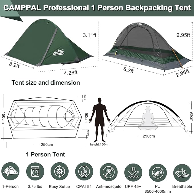 1 Person Tent for Camping Hiking Mountain Hunting Backpacking Tents 4 Season Resistance to Windproof Rainproof and Waterproof