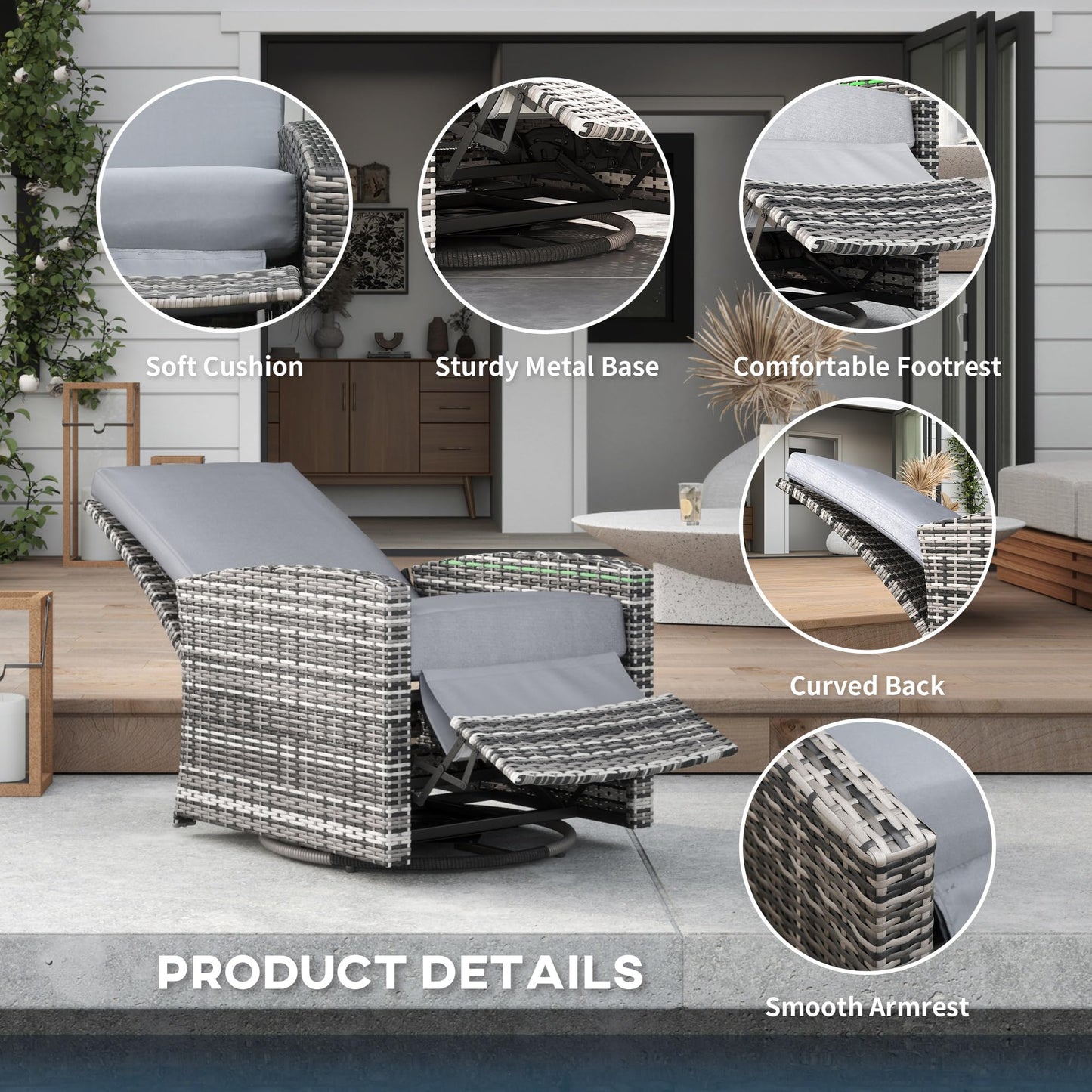 Outsunny Outdoor Wicker Swivel Recliner Chair, Reclining Backrest, Lifting Footrest, 360° Rotating Basic, Water Resistant Cushions for Patio, Gray