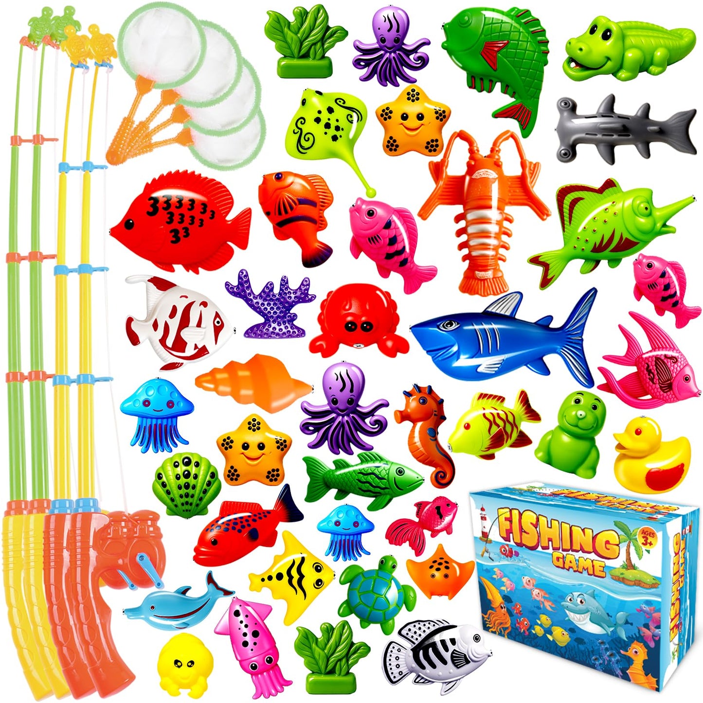 CozyBomB™ Magnetic Fishing Toys Game Set for Kids | Water Table Bathtub Kiddie Pool Party & Pole Rod Net, Plastic Floating Fish Toddler Color Ocean Sea Animals Birthday Age 3 4 5 6 Year