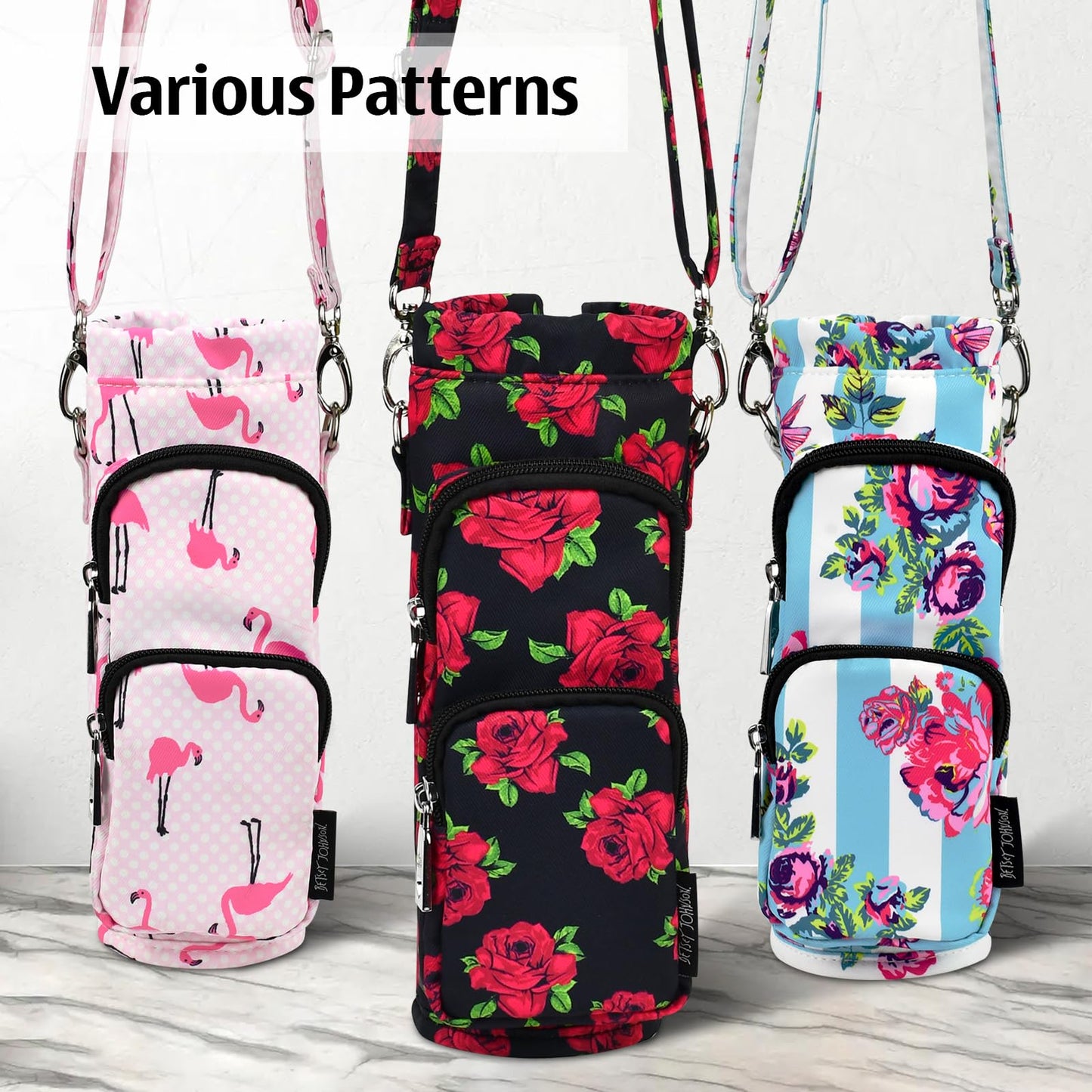 Betsey Johnson Insulated Water Bottle Pouch Holder Carrier Crossbag with Adjustable Shoulder Strap - Lightweight Polyester Accessories with Pockets Good for Hiking Travelling Sports(Covered Roses)