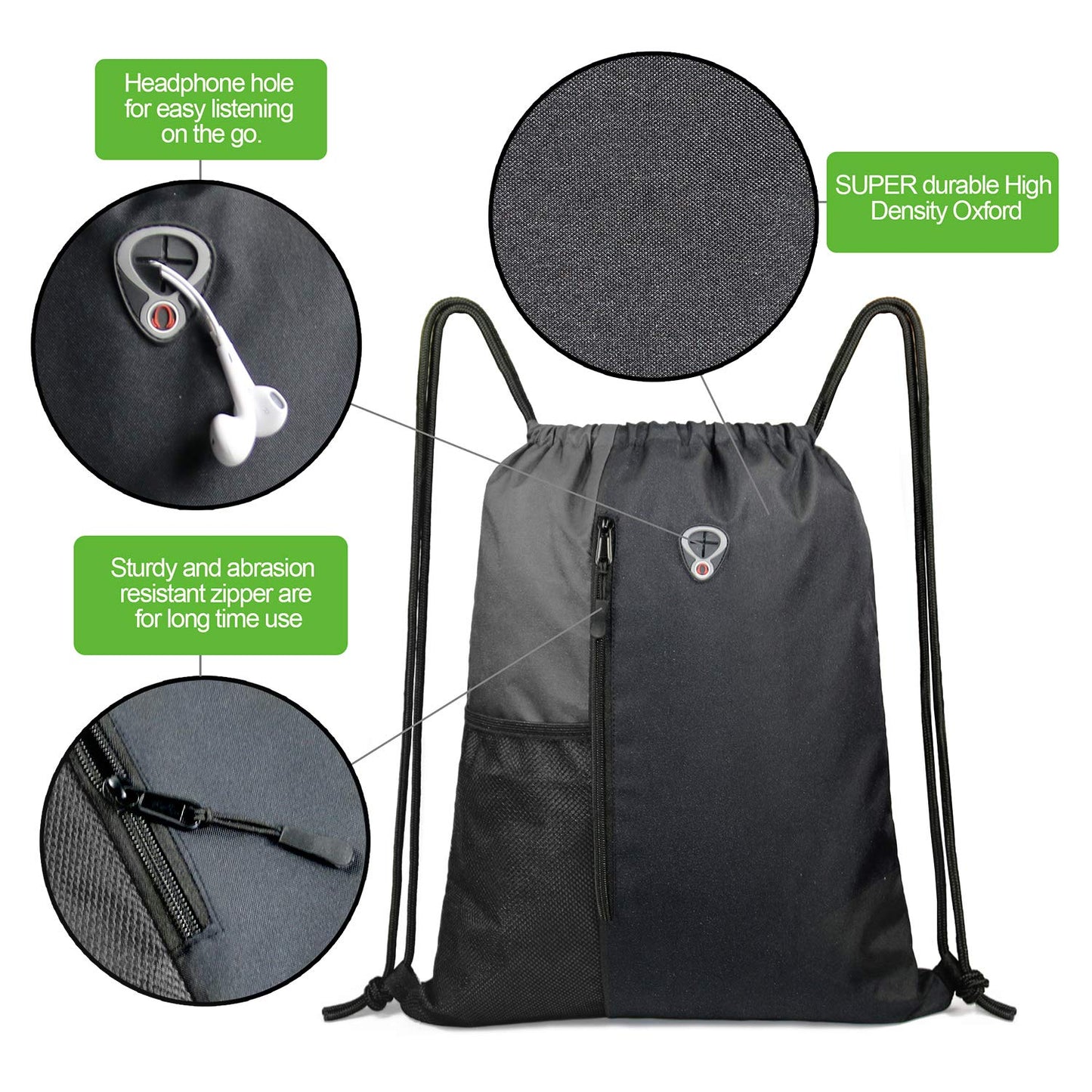 BeeGreem Grey Sport Bag Drawstring Backpack String Bag For Men Women Gym Backpack With Water Bottle Mesh Pockets And Two Zipper Pockets 16" x 20"