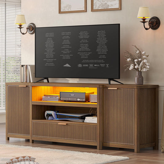 AOGLLATI Fluted TV Stand for Living Room, 71” Heavy-Duty TV Console Cabinet with Storage and Shelf, Mid Century Modern Television Stands with Drawers for 60/65/70/75/80 TV, Wood (Wood)