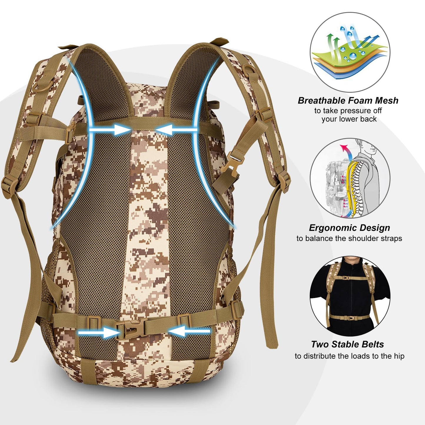 Jueachy Tactical Backpack for Men Hiking Day Pack Molle Military Rucksack Waterproof 30L EDC Bag with USA Flag Patch Desert Camo Style