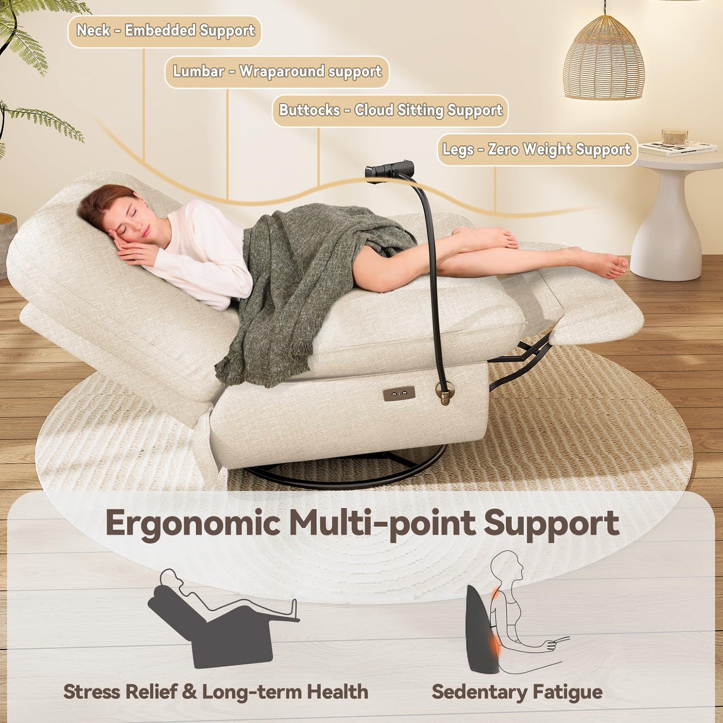 Oversized Power Swivel Rocker Recliner Chair - USB Port, Recliner Chairs for Adults, Reclining with Phone Holder, Hidden Storage, Designed for Effortless Movie Nights & Relaxation (White)