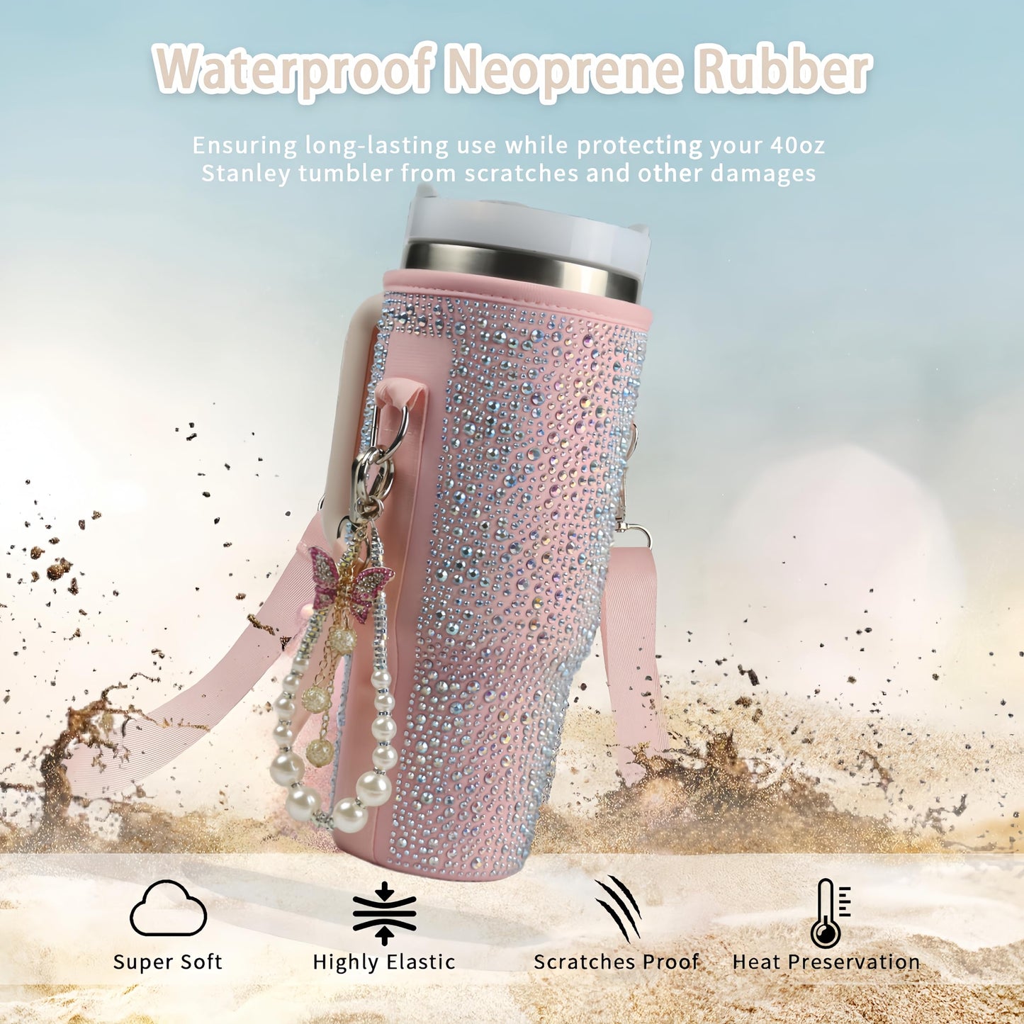 Water Bottle Carrier Bag for 40oz Tumbler - Cup Belt Bag with Adjustable Strap, Straw Cover & Pearl Bracelet - Cup Accessories(Pink Diamond Pro)