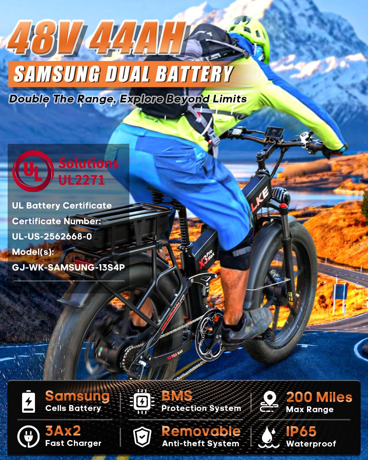 W Wallke Actual 2800W Dual Motor Folding Mountain Electric Bike, 48V 44Ah Battery 170 Mile,26" Fat Tire 35MPH Fast Adult Ebike, Full Suspension Hydraulic Brake, UL2849 Certification