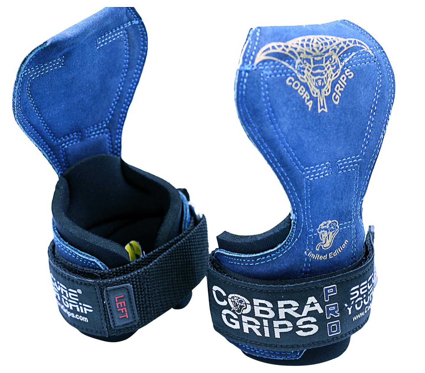 Cobra Grips PRO Weight Lifting Gloves Heavy Duty Straps Alternative to Power Lifting Hooks Power Lifting for Deadlifts with Built in Adjustable Neoprene Padded Wrist Wrap Support (PRO Blue Leather)