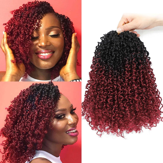 Aksice Yanky Twist Crochet Hair Burgundy 12 Inch 8 Packs Bohemian Passion Mini Twist Crochet Hair Pre-looped Crochet Braids Plus Yanky Twist Hair Extensions for Women (1B/BUG#)