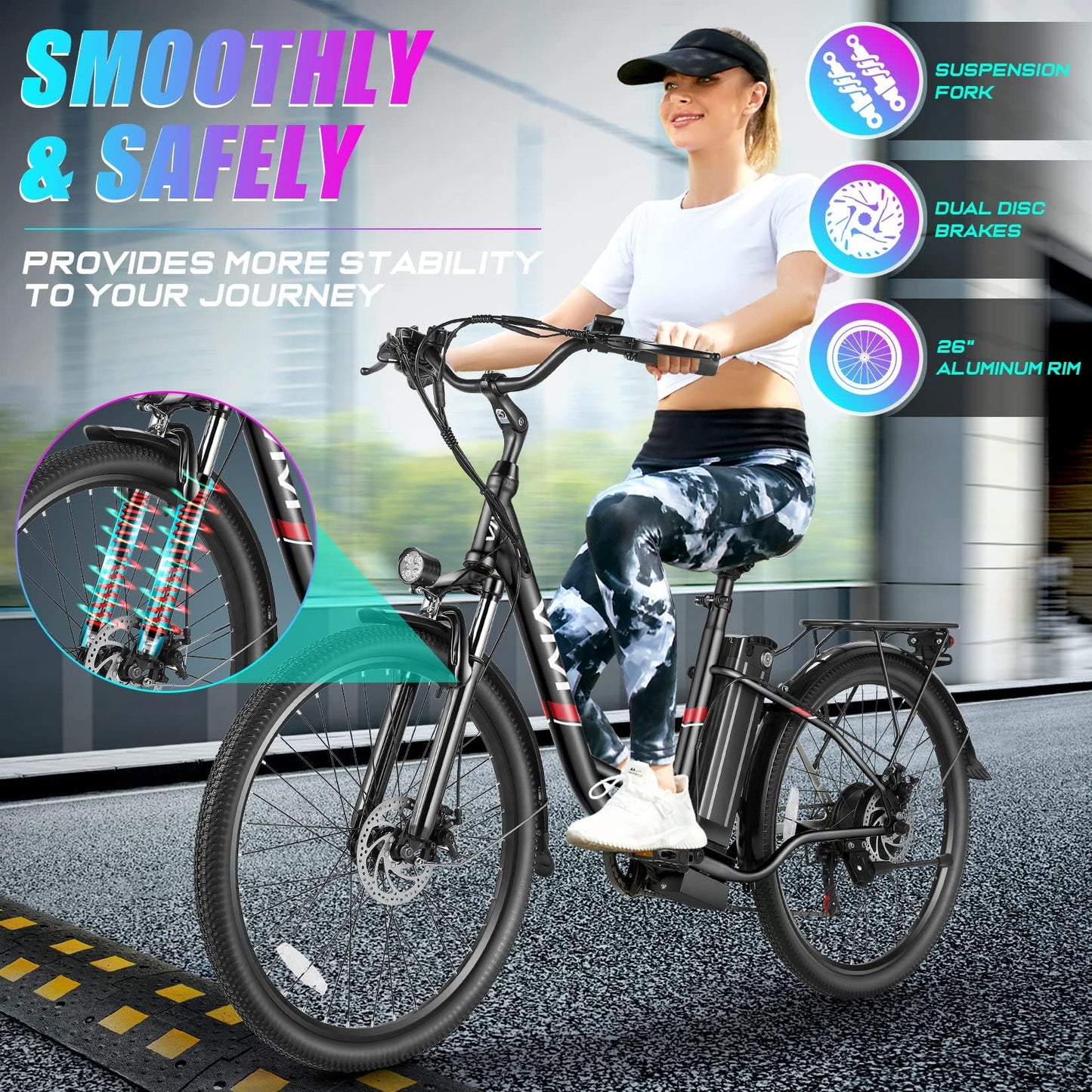 Vivi Electric Bike, 26'' Electric Bike for Adults, 750W Peak Ebike with 48V Removable Battery, Electric Commuter Cruiser Bike 22MPH & 50 Mile City Electric Bicycle with Cruise Control