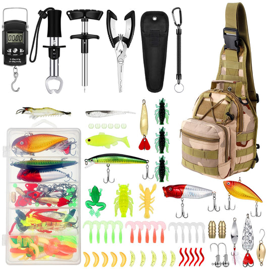 Sosation 134 Pcs Fishing Tool Kit Fishing Pliers Kit Fishing Gear and Equipment Include Fish Hook Remover, Fishing Lures, Lip Gripper, Fish Weigh Scale(Desert Camouflage)