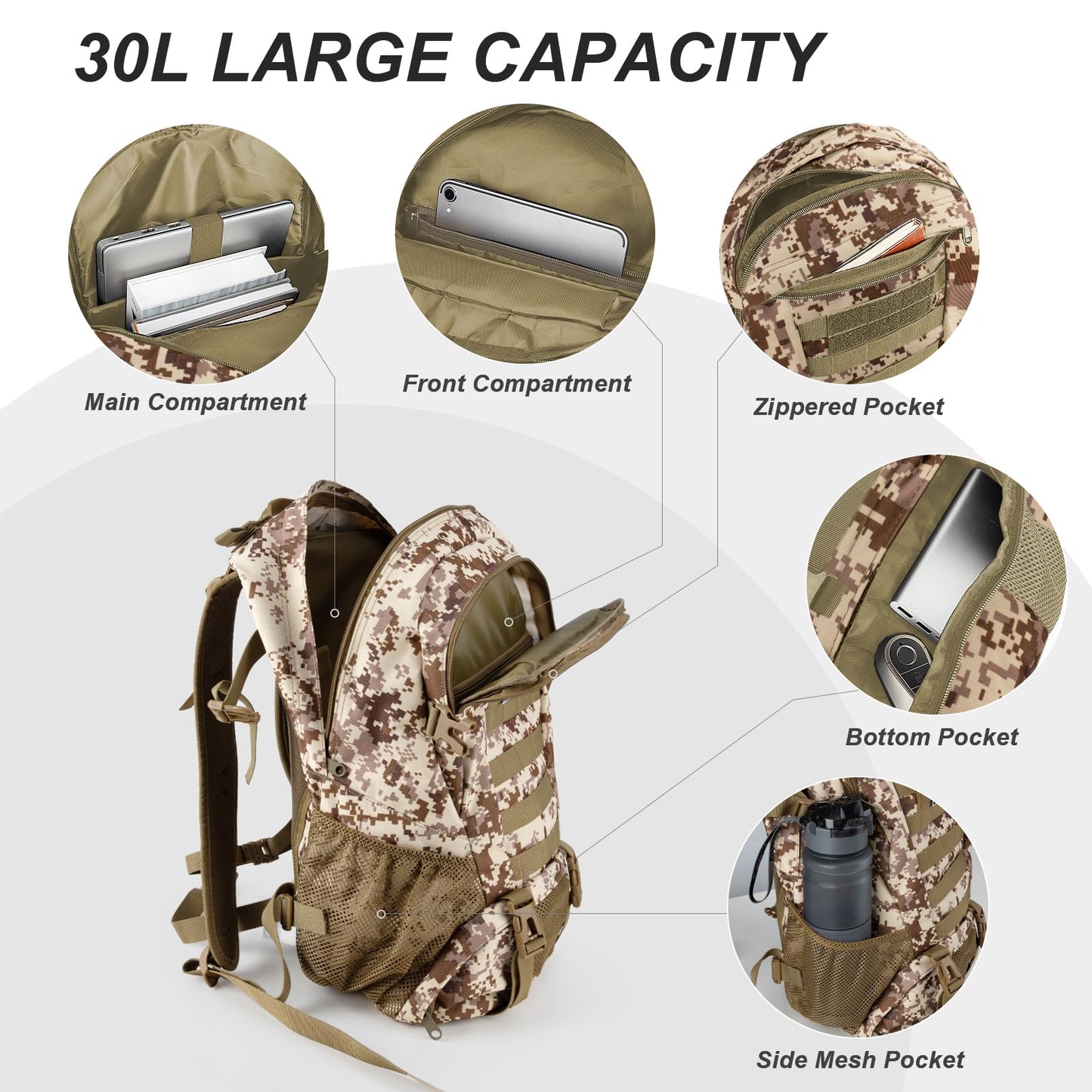 Jueachy Tactical Backpack for Men Hiking Day Pack Molle Military Rucksack Waterproof 30L EDC Bag with USA Flag Patch Desert Camo Style