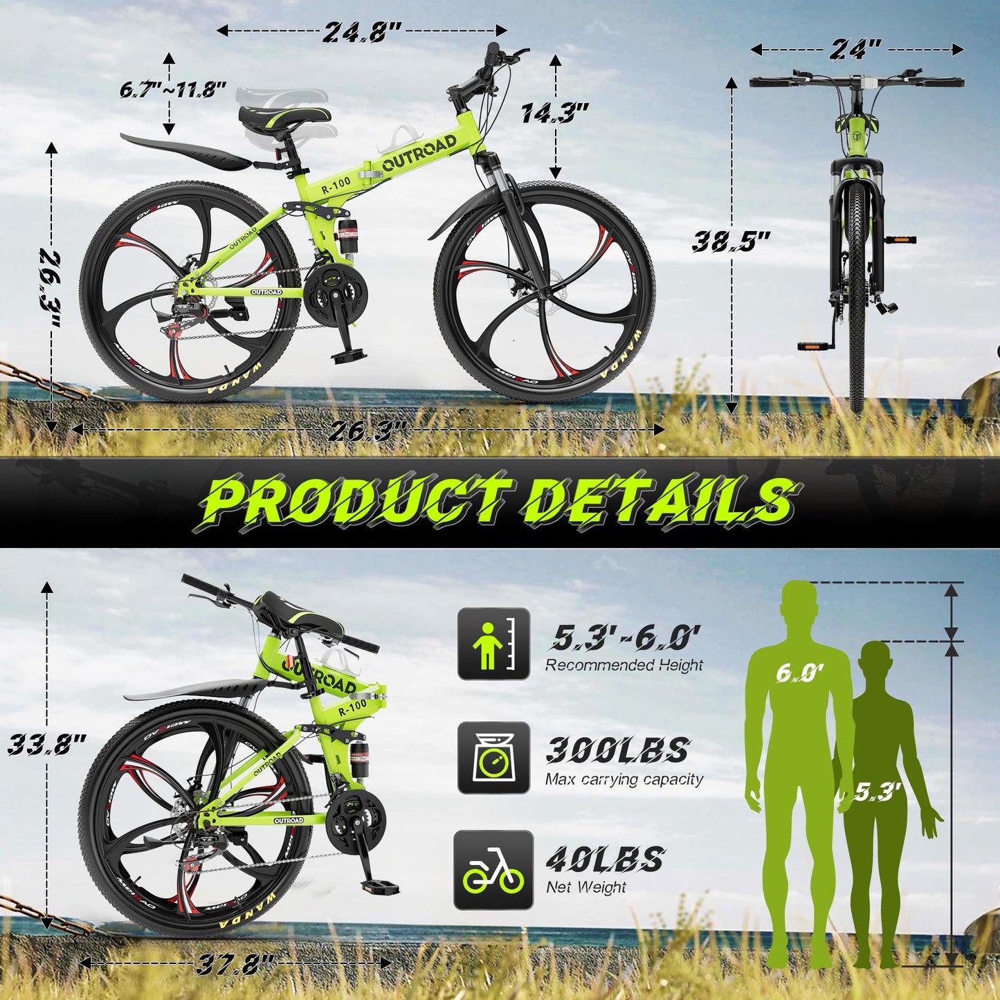 Betterland 26 Inch Folding Mountain Bike, 21 Speeds Full Suspension Foldable Bikes, Dual Disc Brake, High Carbon Steel Frame and Non-Slip Quick Release tire Bicycle for Adult