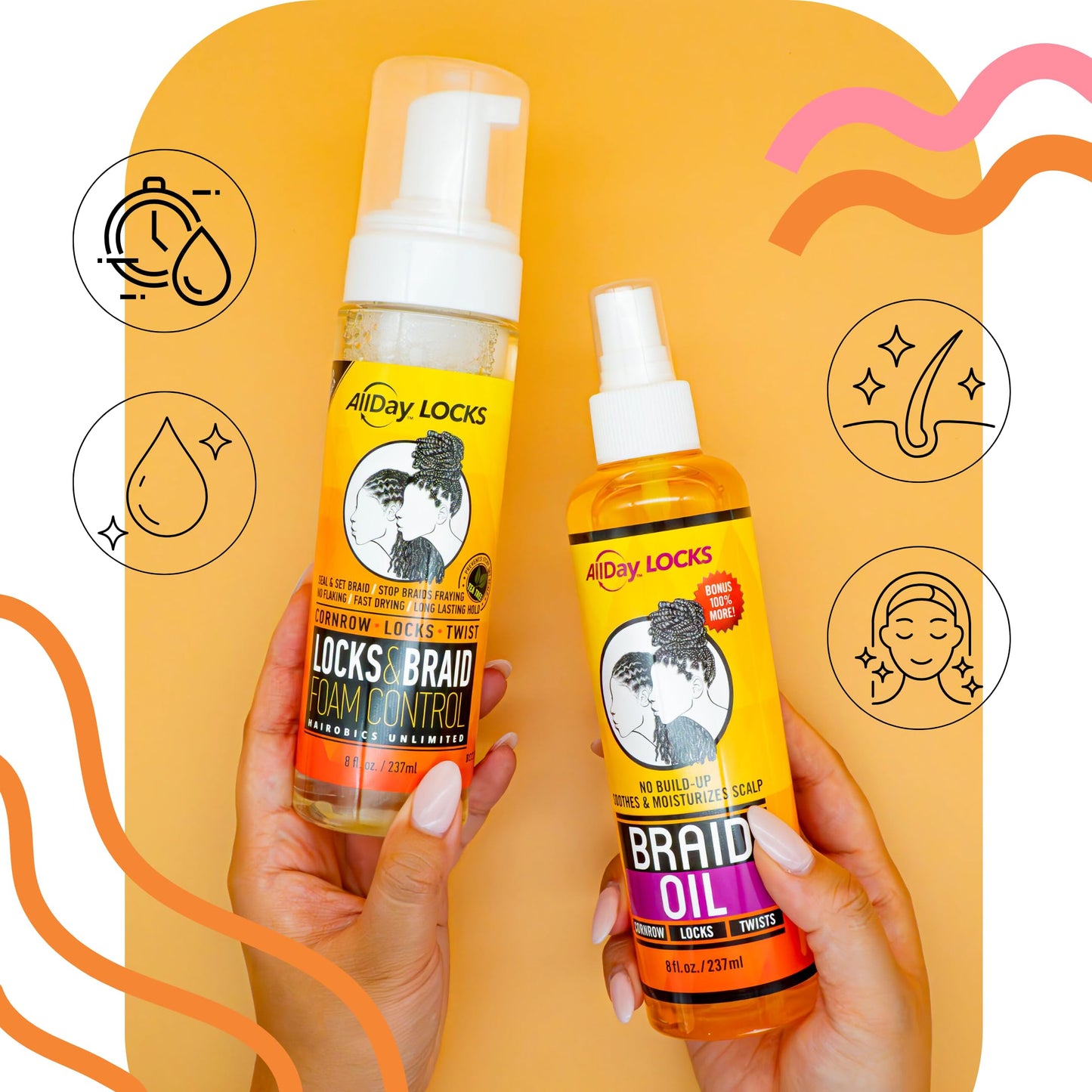 AllDay Locks Braid Foam (8 oz) & Braid Oil (8 oz) Bundle | Long Lasting Style, Protection, & Shine | Moisturizes, Rejuvenates, & Seals Braids, Locks, Twists, Cornrows