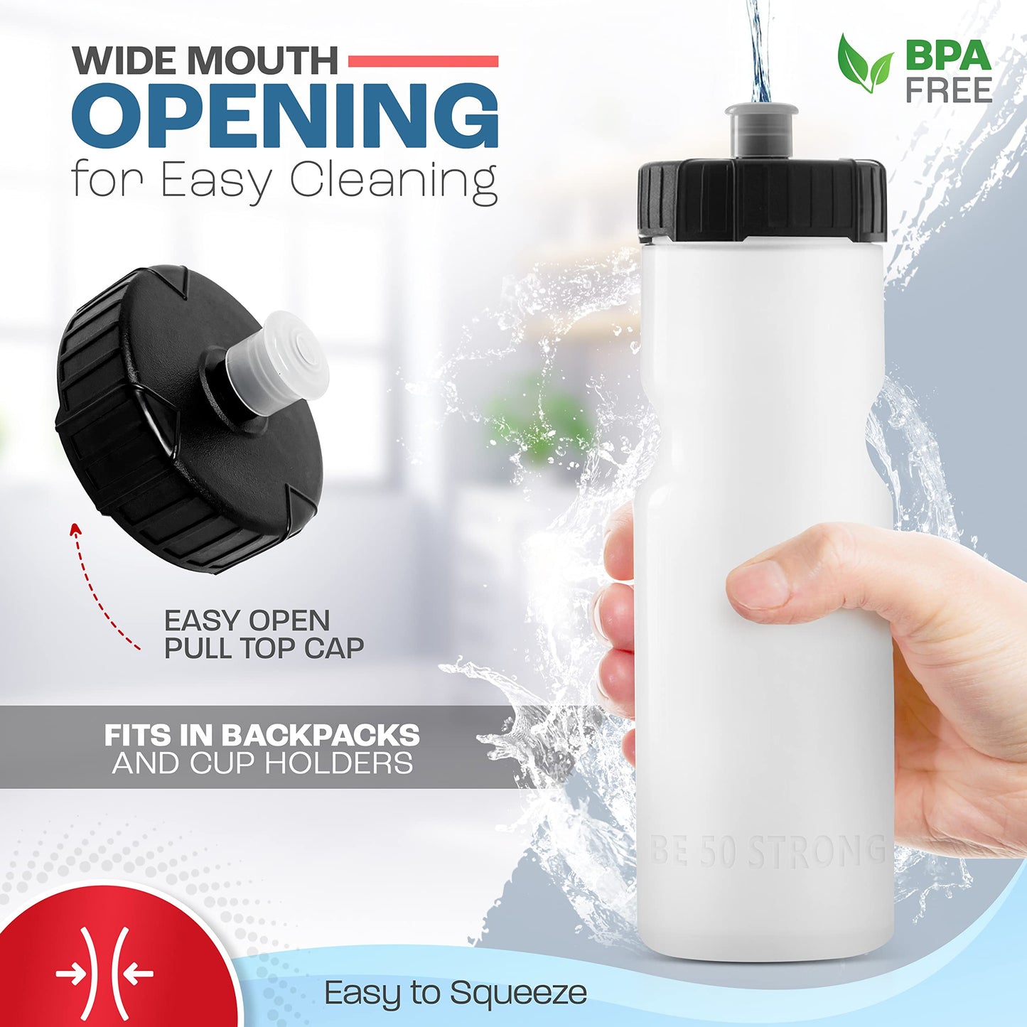 50 Strong Sports Squeeze Water Bottle 2 Pack – 22 oz. BPA Free Easy Open Push/Pull Cap – USA Made (Clear)