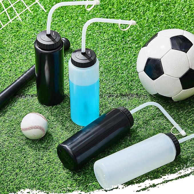 Domensi 4 Pack 1 Liter Sports Water Bottle W/Long Straw Hockey Lacrosse Water Bottle with Straw BPA Free Easy Squeeze Plastic Use W/Sport Helmet in Football Baseball Gym Yoga(Black, Translucent)