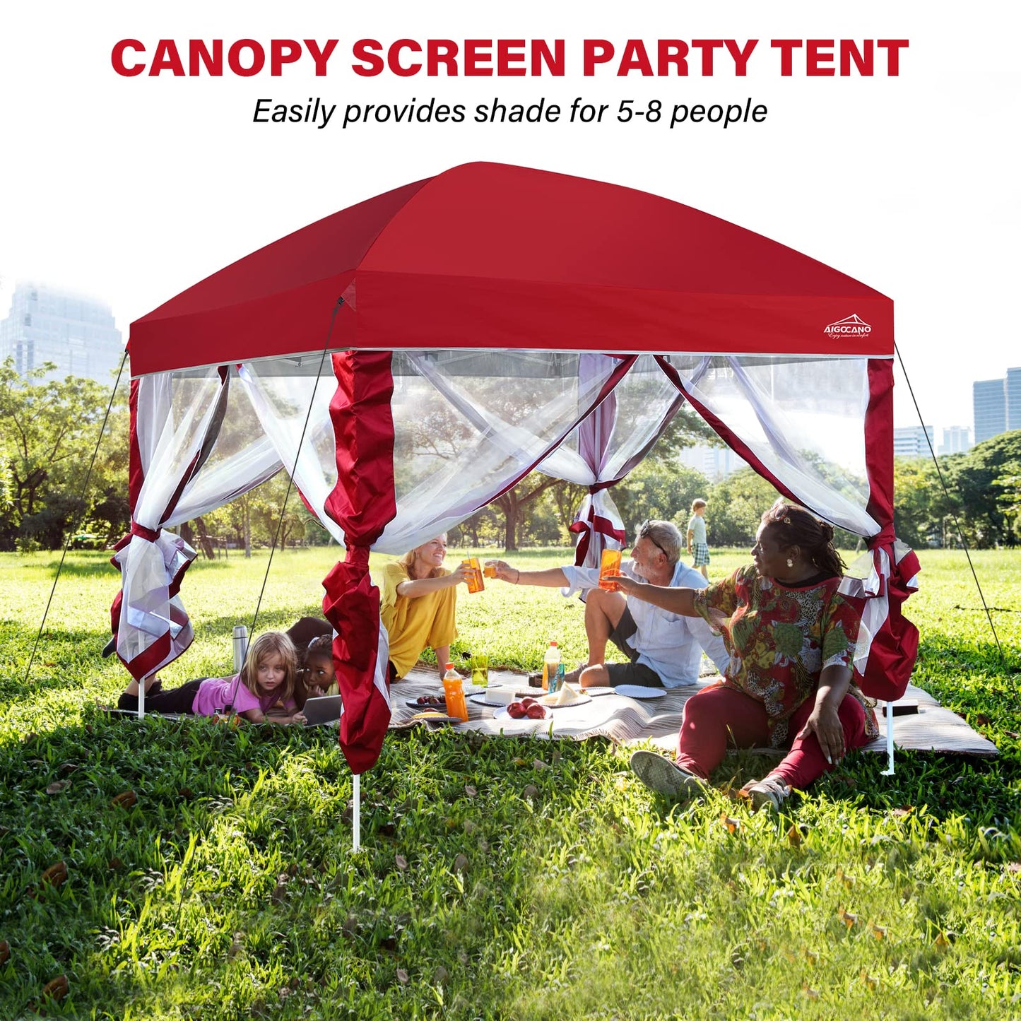 AIGOCANO Canopy Tent with Netting Screen,10x10 Easy Pop Up Gazebo for Outdoor Parties,Camping,Foldable Patio Gazebo with Roller Bag and 4 Sandbags (Red)
