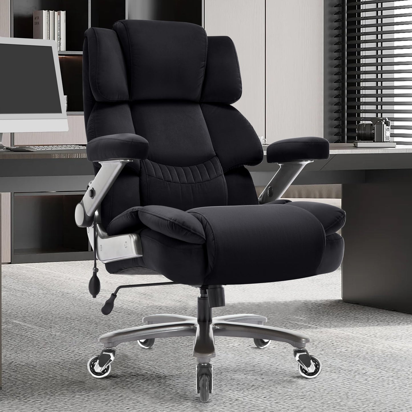 Big and Tall Office Chair 700lbs- Fabric High Back Executive Computer Chair with Adjustable Lumbar Support 3D Flip Arms Plus Size Rubber Wheels- Extra Wide Large Desk Chairs, Heavy Duty Metal Base