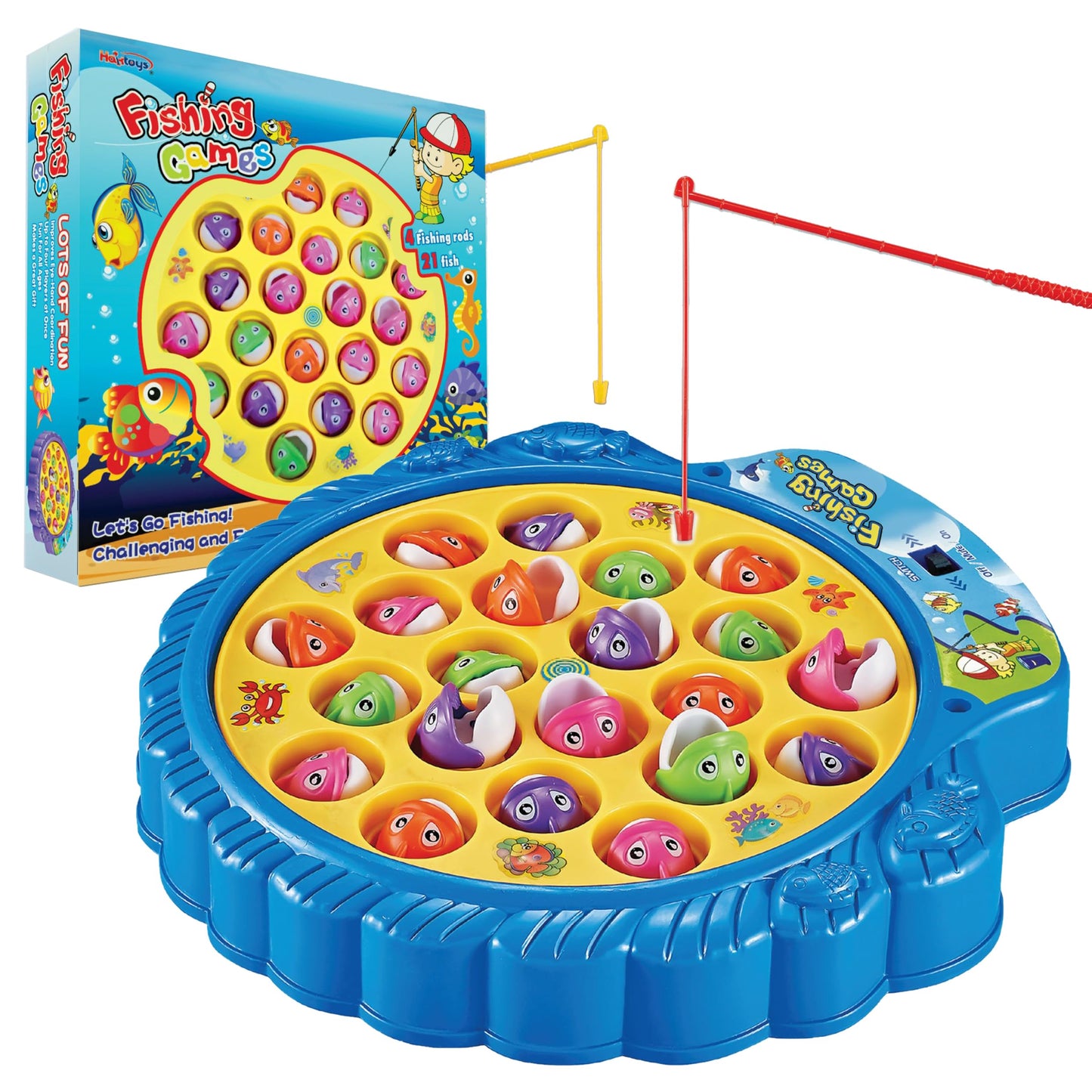 Haktoys Fishing Game for Kids & Toddlers – Battery-Operated Rotating Fishing Toy with 21 Fish, 4 Poles & Music On/Off Switch – Fun Educational Board Game for Boys & Girls