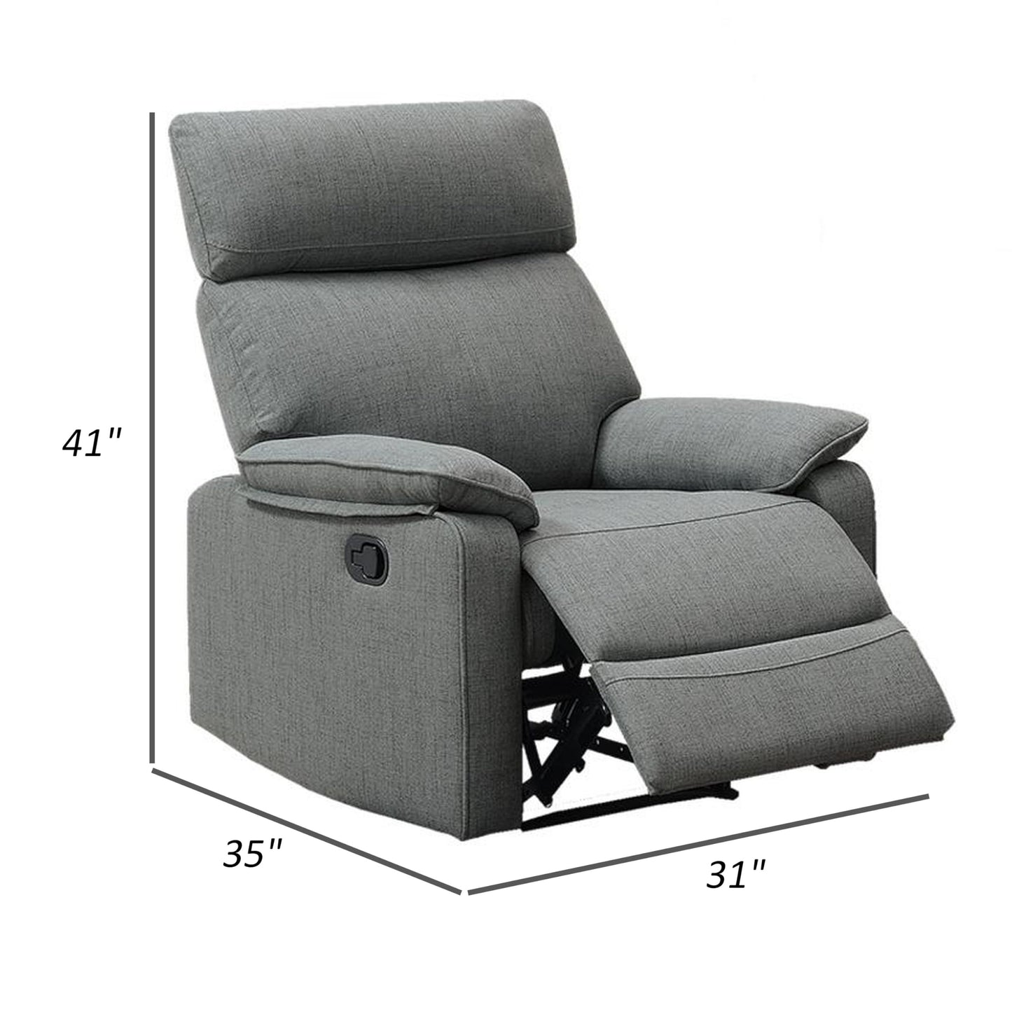 Benjara Fery 35 Inch Manual Recliner Chair and Gray Burlap and Cushioned Seat and Solid Wood