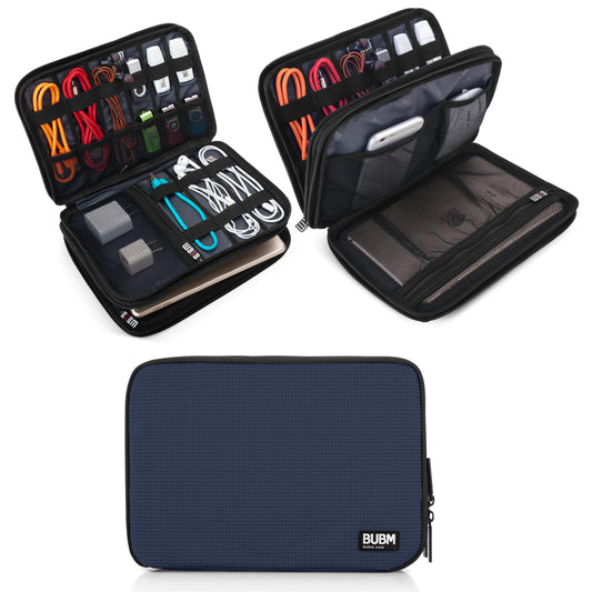 BUBM Double Layer Electronic Accessories Organizer, Travel Gadget Bag for Cables, USB Flash Drive, Plug and More, Perfect Size Fits for iPad Mini (Medium, Dark Blue)