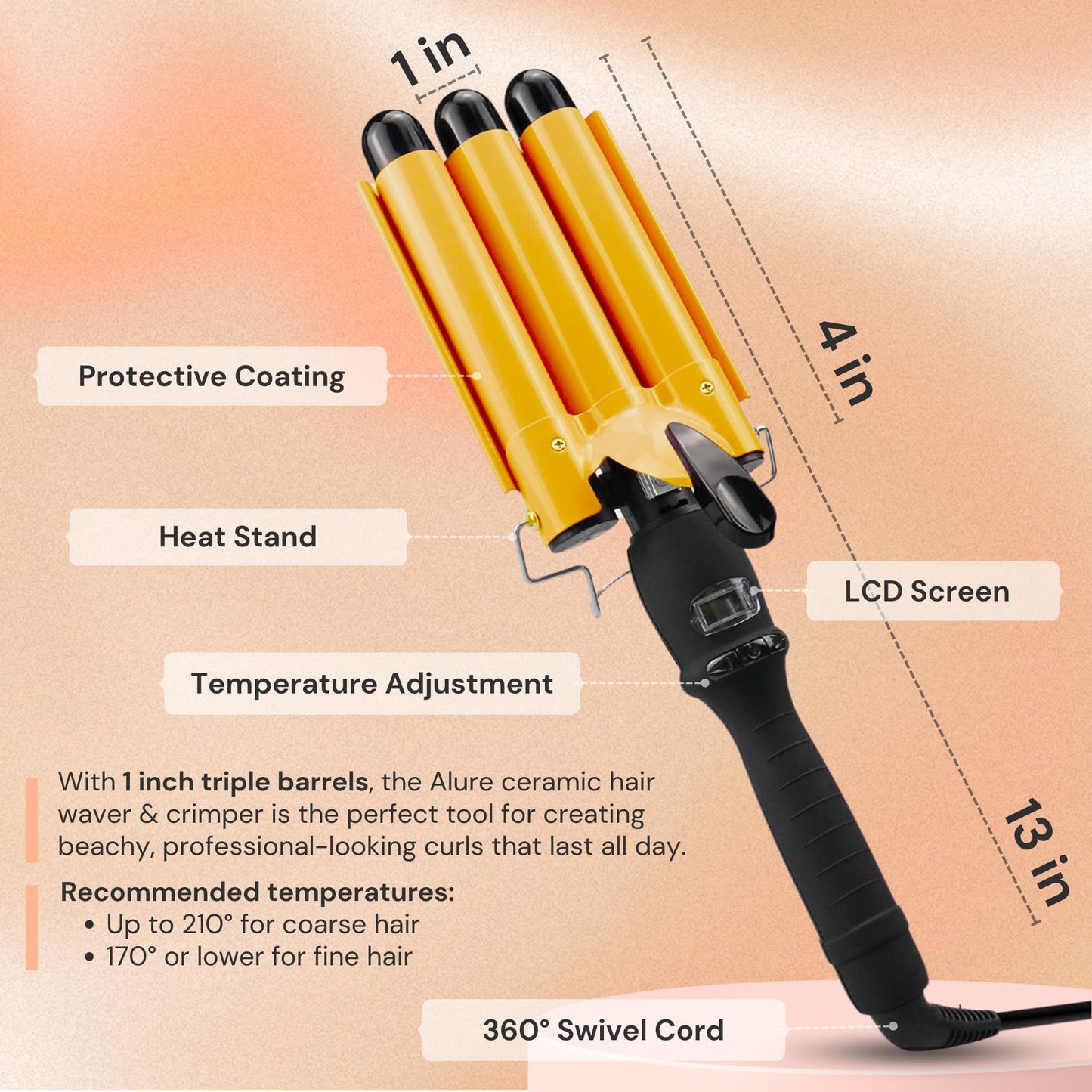 Alure Three Barrel Curling Iron Wand Hair Waver with LCD Temperature Display - 1 Inch Ceramic Tourmaline Triple Barrels, Dual Voltage Crimp (zGold)