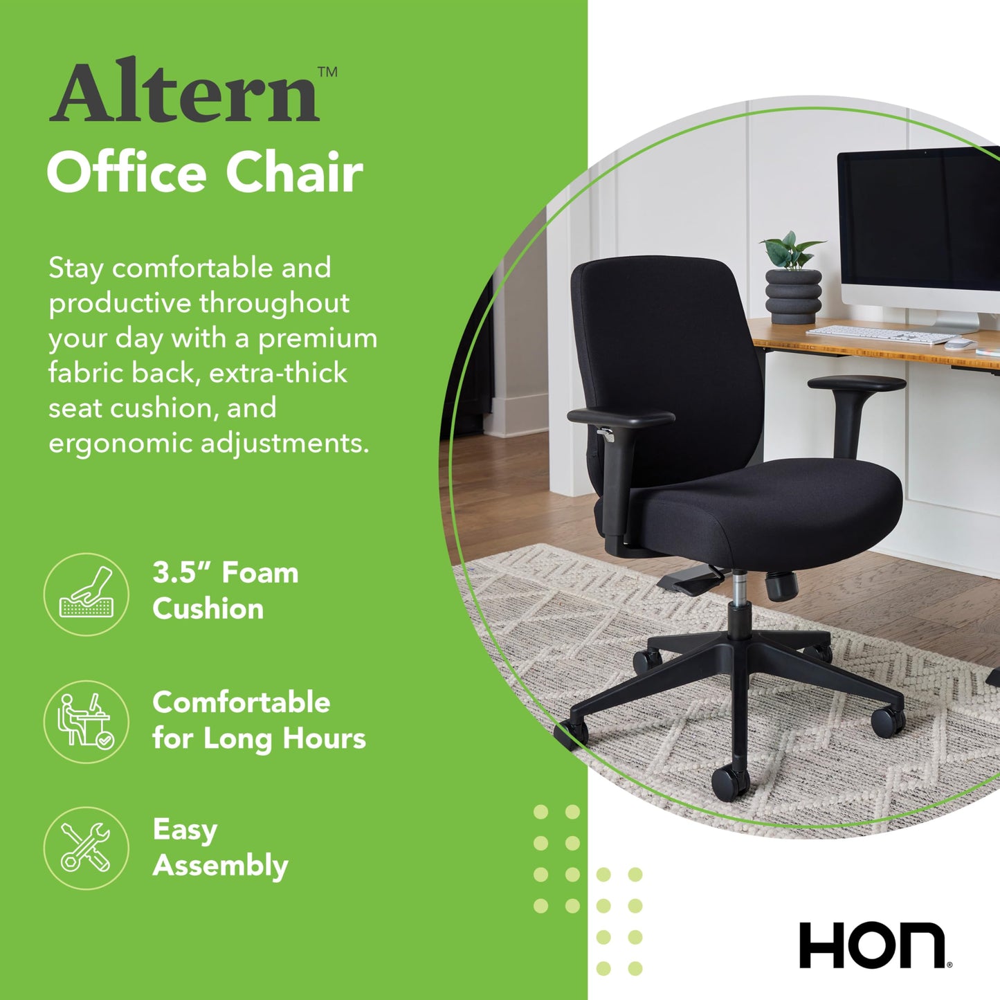 HON Altern Ergonomic Fabric Office Chair with Arms, Wheels, Foam Cushion Seat, Low Back Home Office Desk Chair Comfy, Height Adjustable Arms, Synchro-Tilt, Seat-Slide, Black