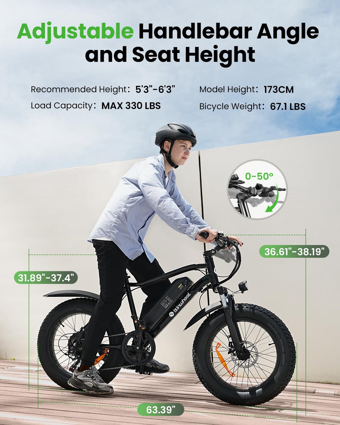 M10Pro Electric Bike for Adults 22Mph 1000W Peak Motor, 0-50° Adjustable Handlebar Mountain Ebike 375Wh Removable Battery 50 Miles Range 7 Speed Shift, 20x4.0 Fat Tire Adult Teenager Electric Bicycles