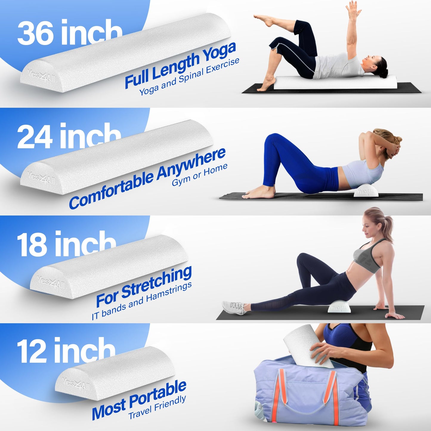 Yes4All Half Foam Rollers for Physical Therapy, Soft Density Round PE Foam Roll for Back Massage, Yoga Exercise - 12 inches