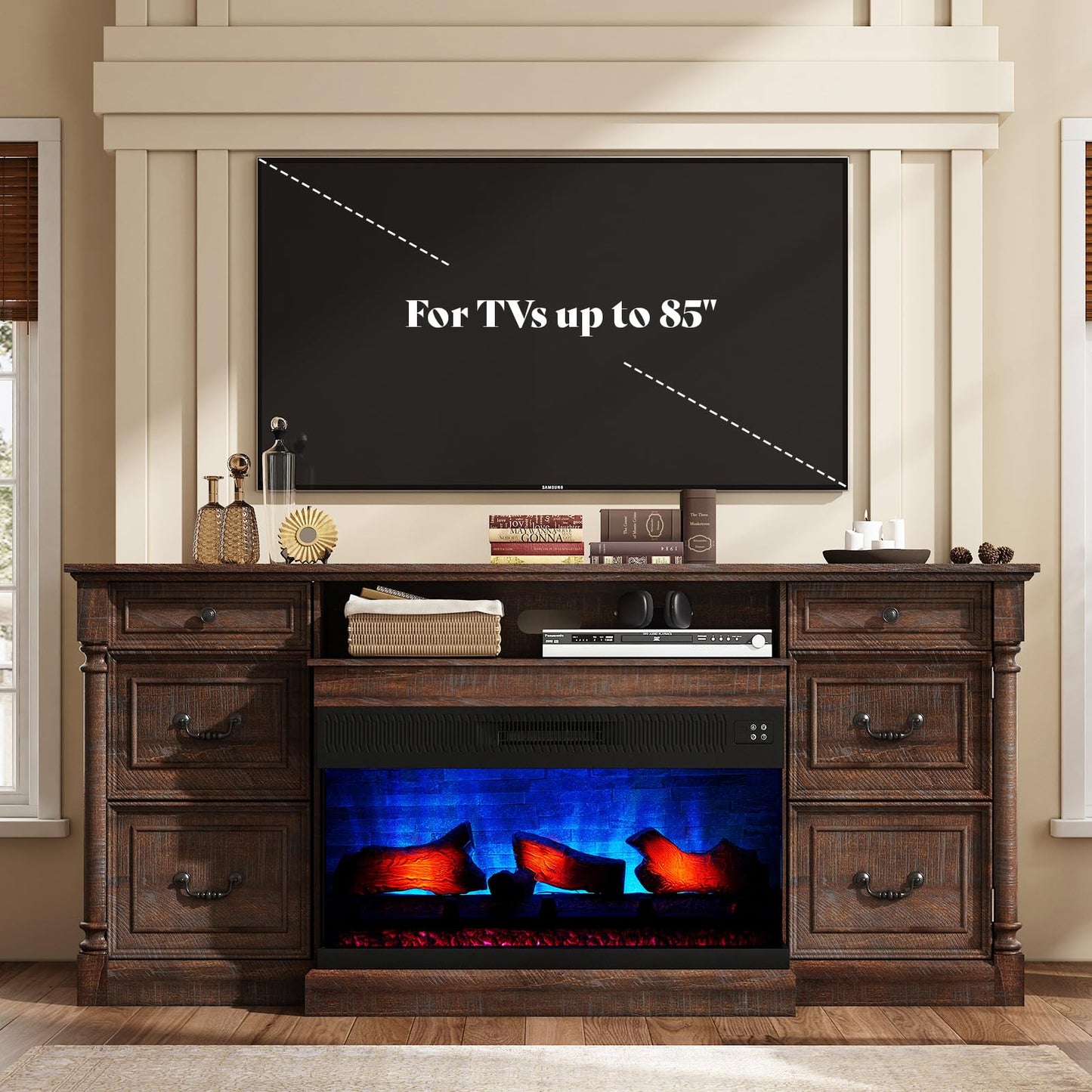 AMERLIFE 75" Fireplace TV Stand, Large TV Stand with 36" Fireplace, Farmhouse Entertainment Center with Solid Wood Roman Column, 2 Drawers & Cabinets Storage, for TVs up to 85", Reclaimed Barnwood