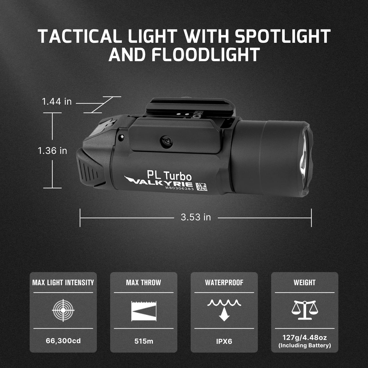 OLIGHT PL Turbo Weaponlight, 800-Lumen 515 Meters Long-Range Tactical Flashlight, 66,300 High Candela Rail-Mounted Light with Strobe Function and Rail Locating Keys, Fits Picatinny and GL Rail