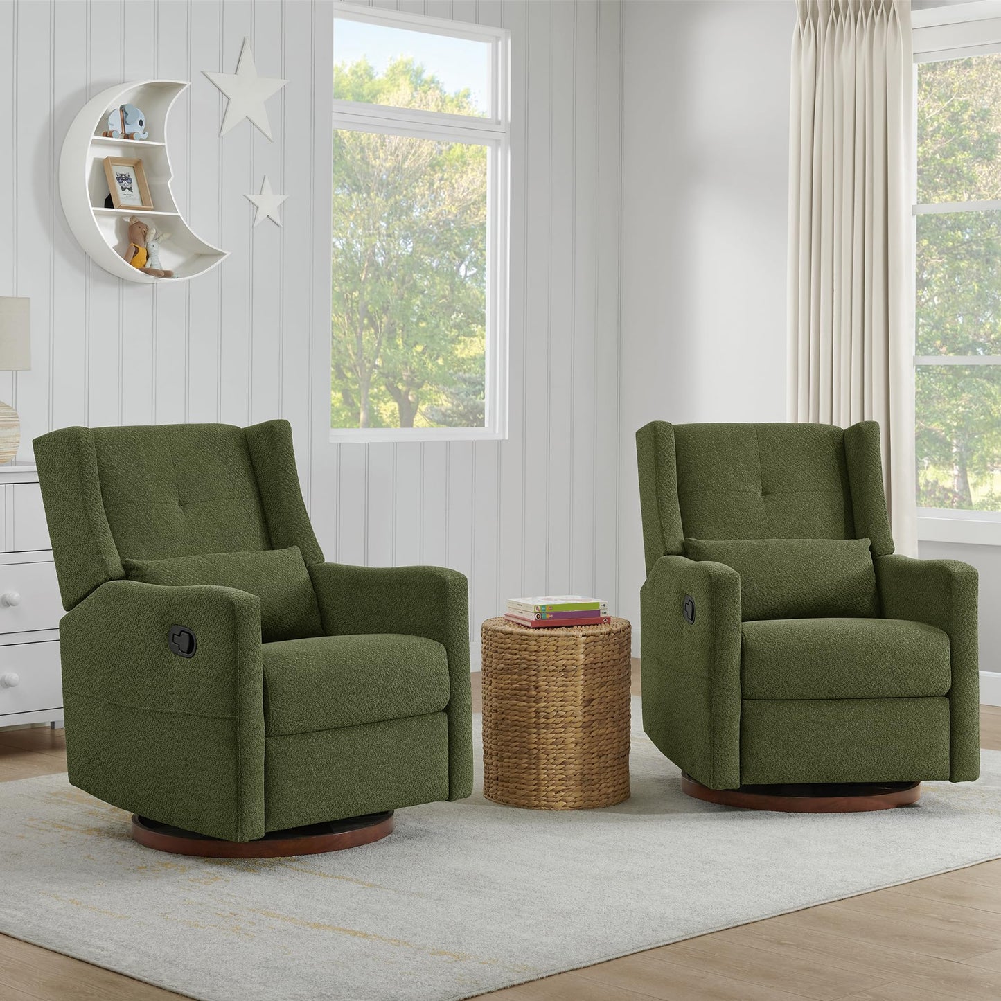 KISLOT Upholstered Recliner Swivel Glider Nursery Chair Reclining Performance Fabric Rocker with Wood Base,Boucle,Moss Green