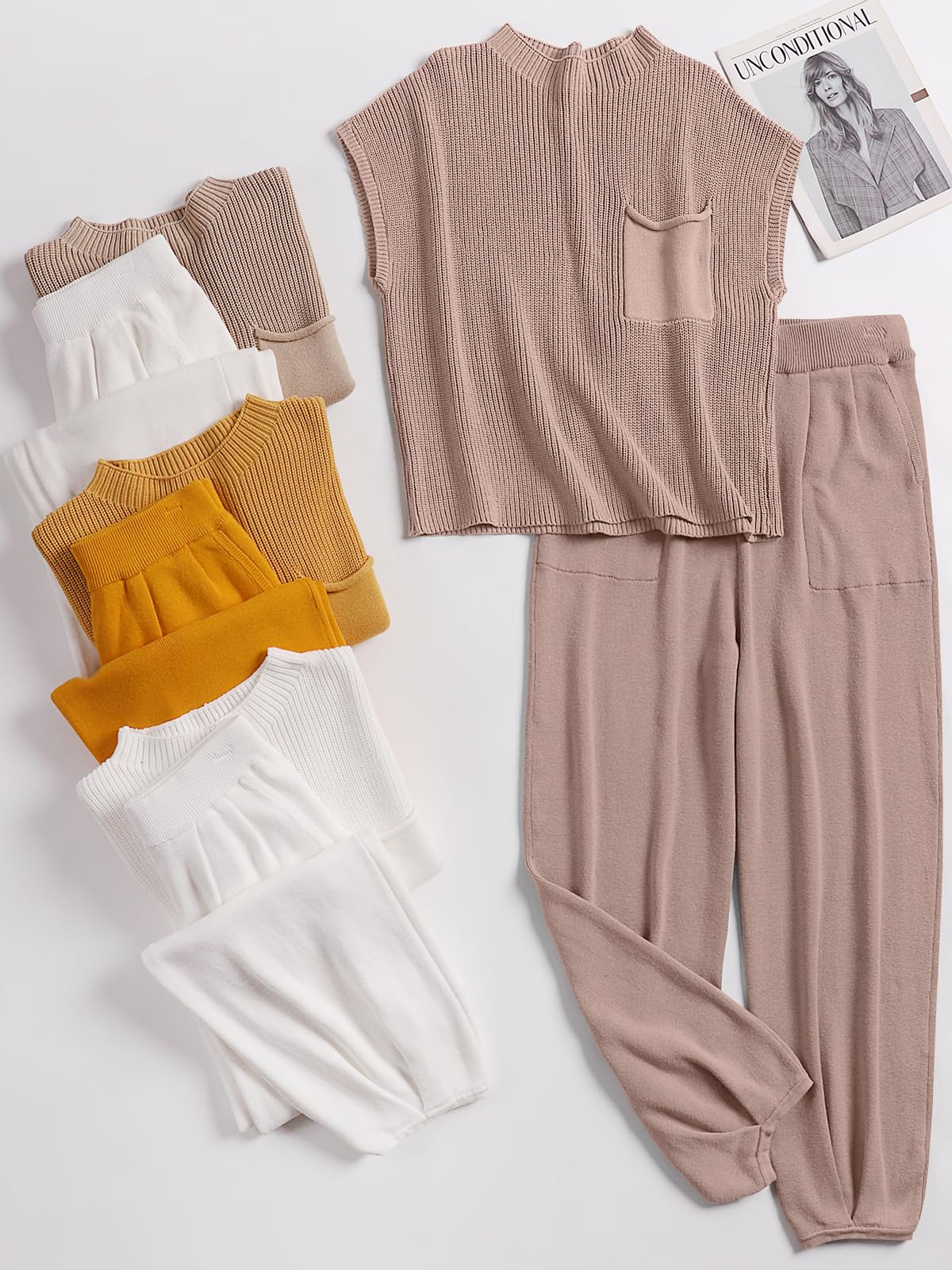 ANRABESS Women's Two Piece Outfits Knit Sweater Pullover Crop Top & Pants Lounge Matching Tracksuit Sweatsuit Sets 2024 Trendy Loungewear Clothes Light Pink X-Small