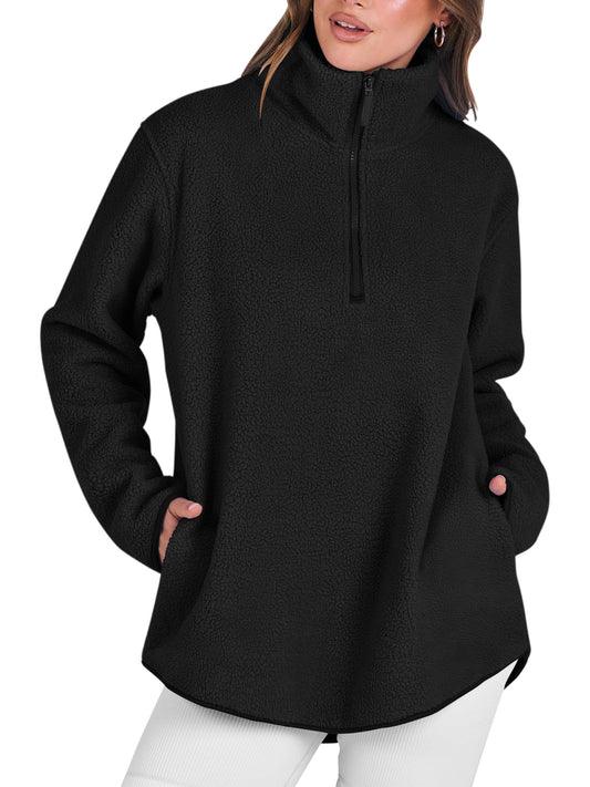 ANRABESS Women Oversized Sherpa Fleece Half Zipper Sweatshirts Fuzzy Collared Quarter Zip Pullover 2024 Fall Winter Clothes Black Small