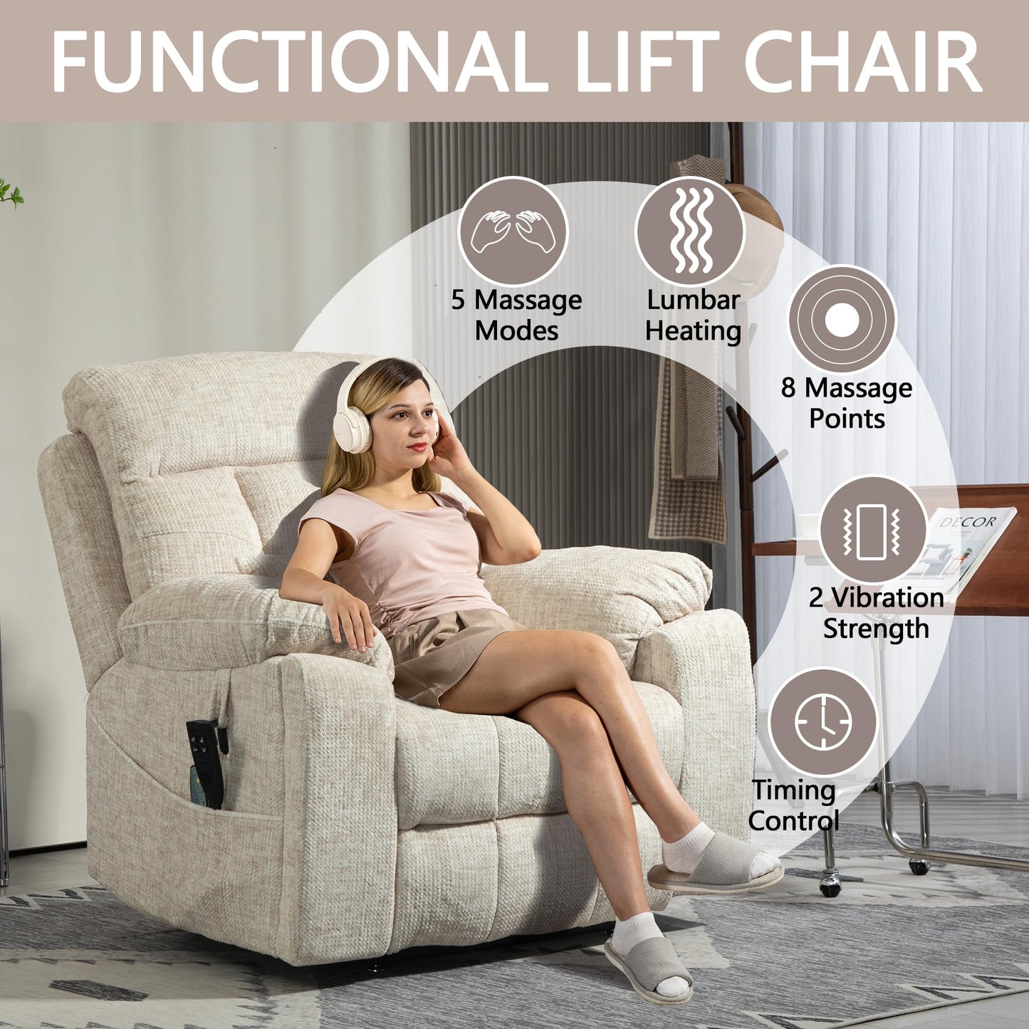 FUNECORP Power Lift Chair Lay Flat Recliner Infinite Position Electric Dual Motor Stand Up Lift Chair with Massage and Heat for Adults,Heavy Duty Recliners with 2 Remote Controls and Two Cup Holders