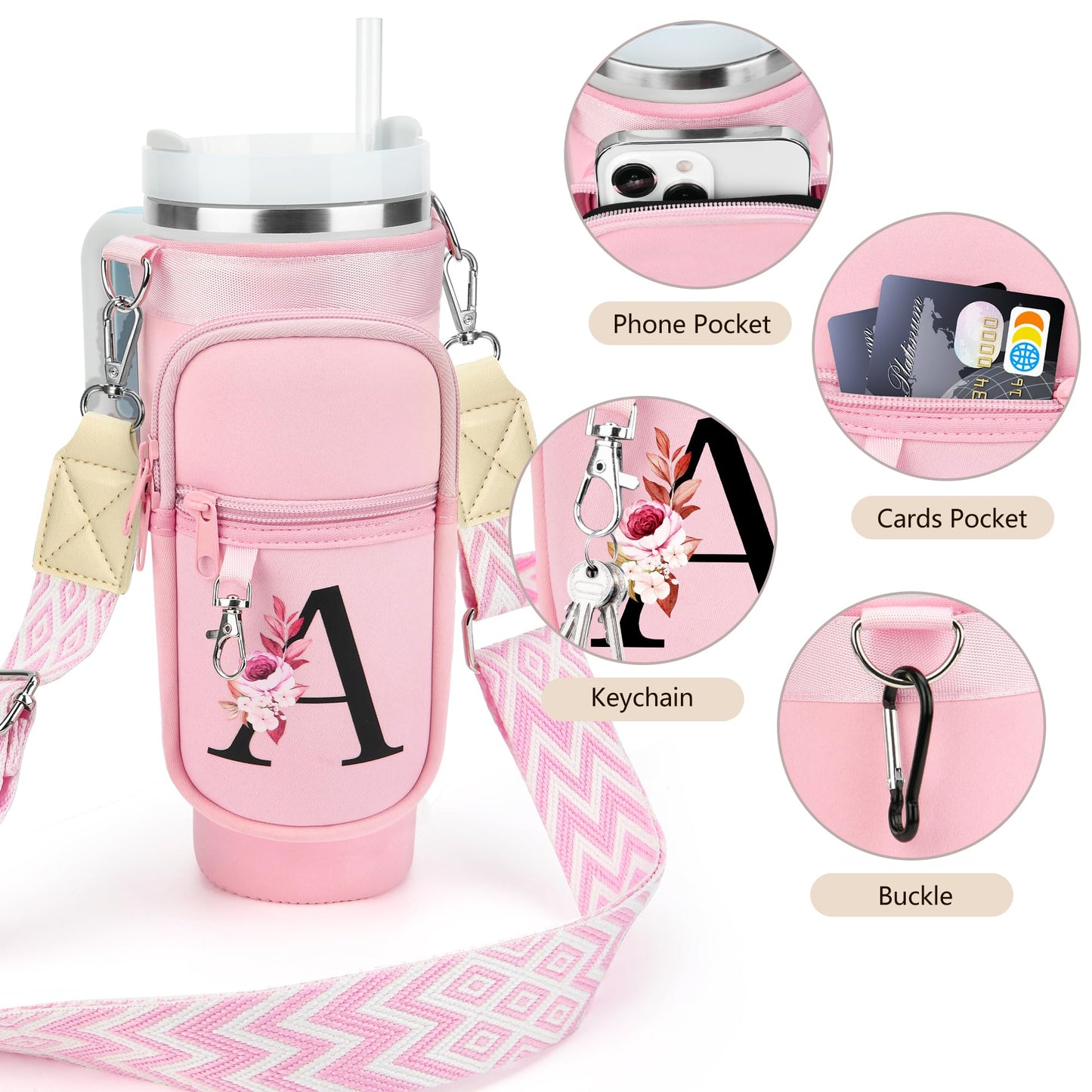Initial Water Bottle Holder with Strap for Stanley 40 oz Tumbler, for Simple Modern 40 oz Tumbler, Graduation Gift with Phone Pocket, Carabiner, Personalized Gift for Stanley Cup Accessories Pink A