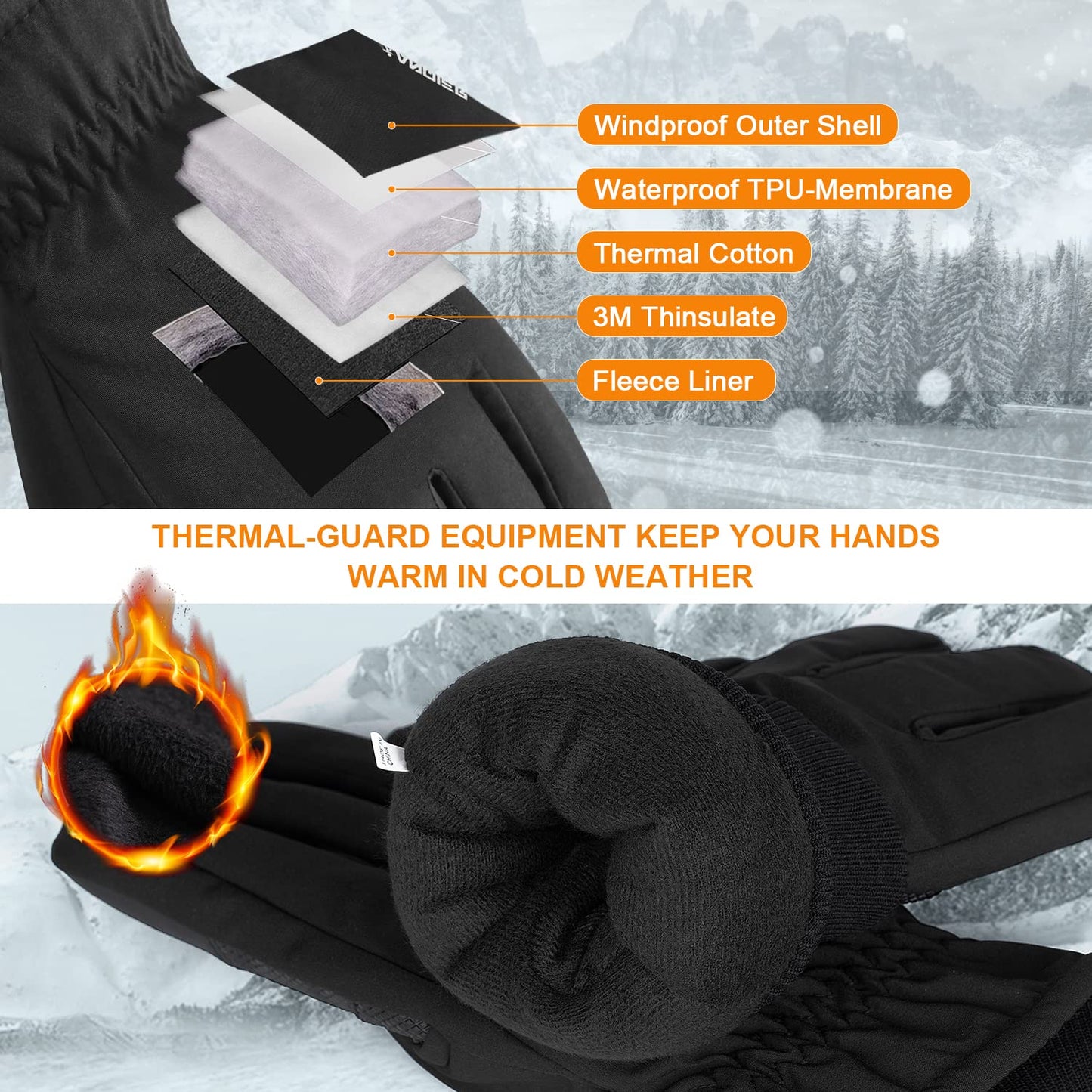 anqier Winter Gloves -30℉ Touchscreen Thermal Gloves Waterproof Windproof Gloves Ski Gloves for Men Women Running Cycling Black Large