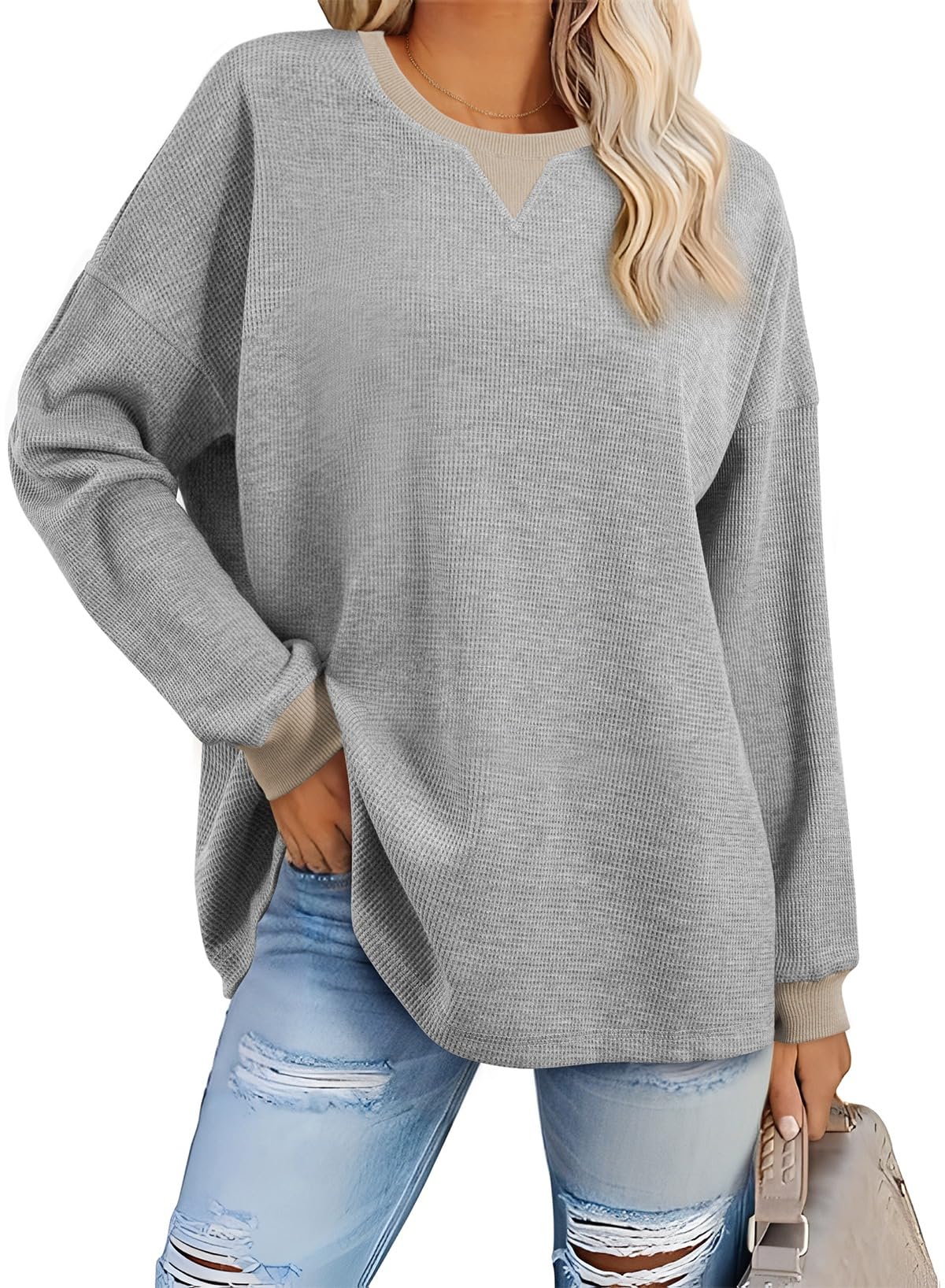 AlvaQ Women Sweatshirt 2024 Casual Long Sleeve Drop Shoulder Waffle Knit Overszied Sweatshirts Pullover Tunic Tops Fall Clothes Grey X-Large