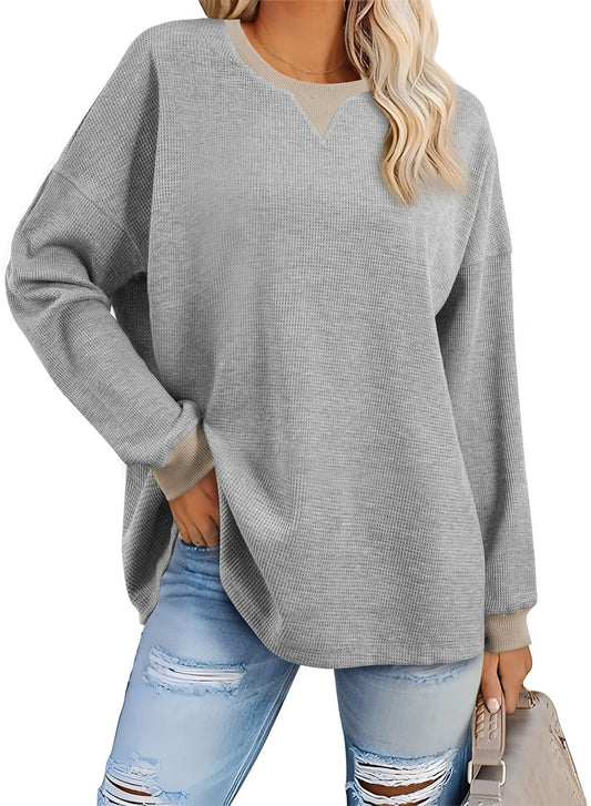 AlvaQ Women Sweatshirt 2024 Casual Long Sleeve Drop Shoulder Waffle Knit Overszied Sweatshirts Pullover Tunic Tops Fall Clothes Grey X-Large