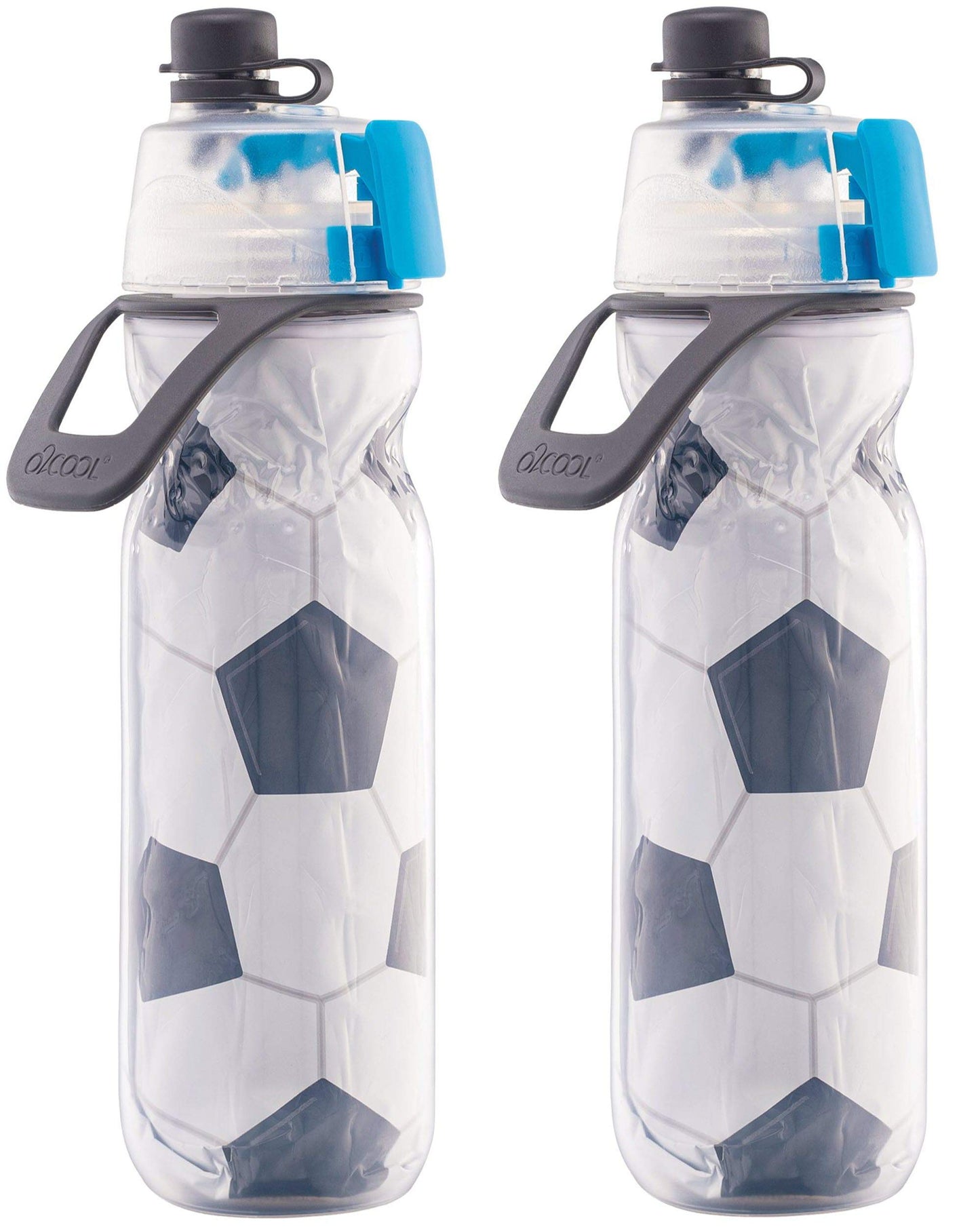 O2COOL Mist 'N Sip Misting Water Bottle 2-in-1 Mist And Sip Function With No Leak Pull Top Spout Sports Water Bottle Reusable Water Bottle - 20 oz (2 Pack Soccer)