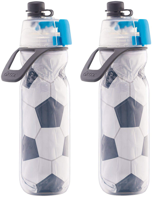 O2COOL Mist 'N Sip Misting Water Bottle 2-in-1 Mist And Sip Function With No Leak Pull Top Spout Sports Water Bottle Reusable Water Bottle - 20 oz (2 Pack Soccer)